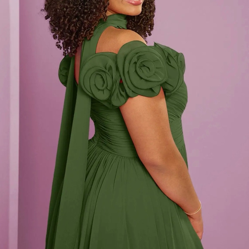 Barbie by Azazie A-Line Off Shoulder Chiffon Convertible Dress Olive Green NWT - Picture 4 of 11